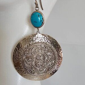 Sterling Silver, 925, Artisan Collection of Bali Earrings with Turquoise, Large